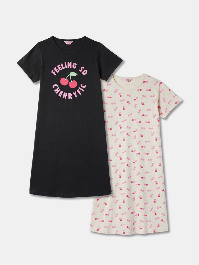 Girls Cotton Cherry Print Round Neck Short Sleeves Sleepwear Set