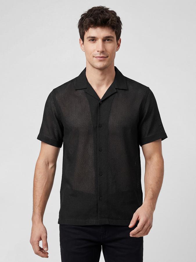 R&B Black Textured Men Cuban Collar Short Sleeves Shirt