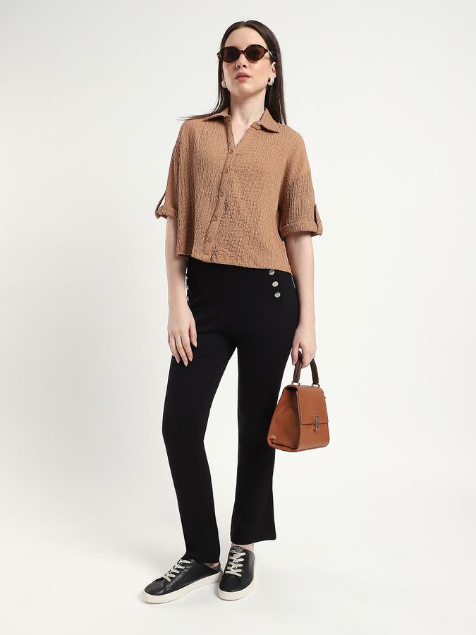 R&B Women Black Solid Button-Detail Flared Trousers