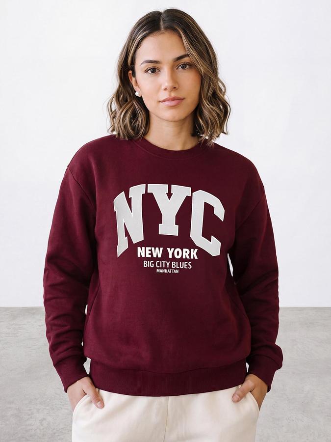 R&B Women Burgundy Varsity Typography Round Neck Long Sleeves Relaxed Fit Sweatshirt