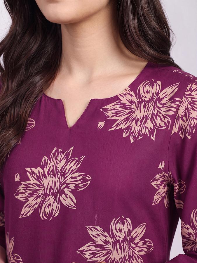 R&B Womens Wine Three-Quarter Sleeves Round Neck Floral Printed Straight Kurta