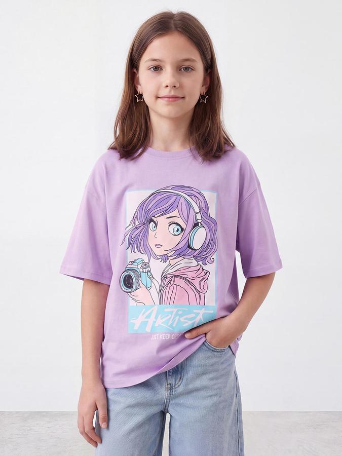 R&B Girls Purple Graphic Print Short Sleeves Round Neck Pure Cotton T-Shirt