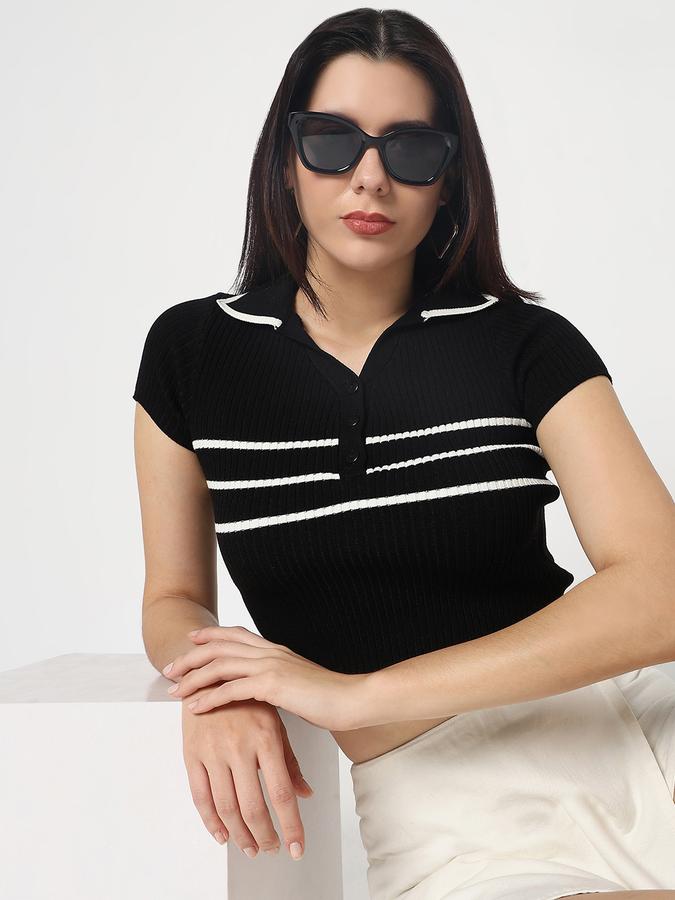 Women Viscose Slim Fit Polo Neck Striped Top