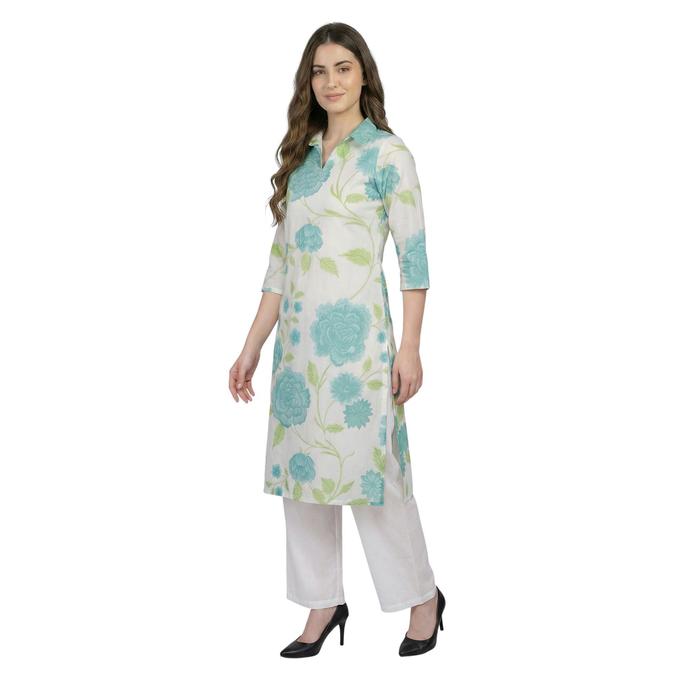 R&B Green Women Shirt Collar Three-Quarter Sleeves Kurta 