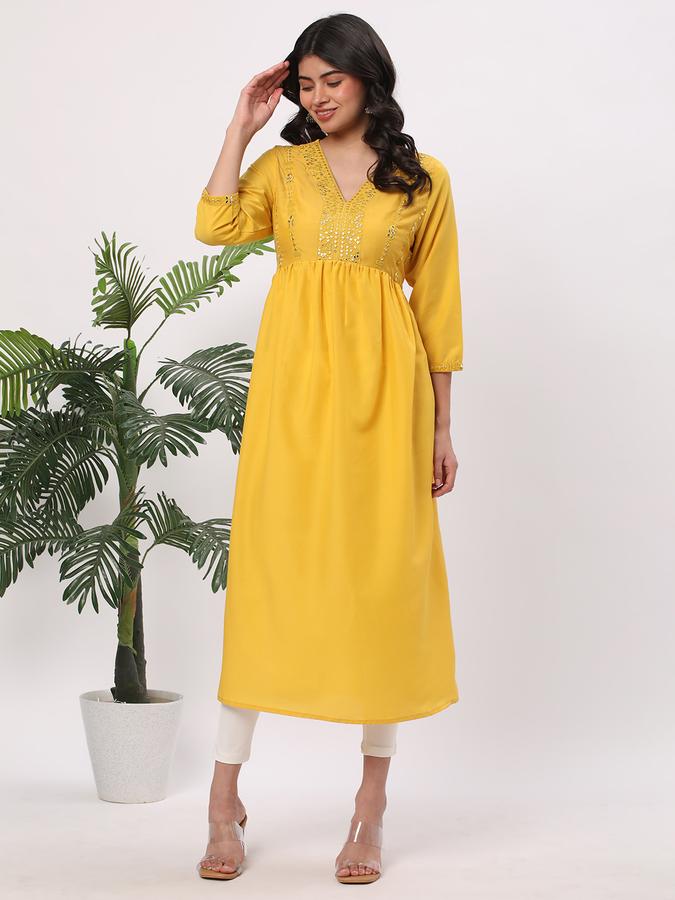 Women Polyester Blend Regular Fit V Neck Embellished Kurta