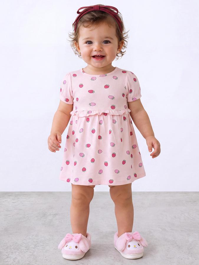 R&B Girl Light Pink Round Neck Printed Dress