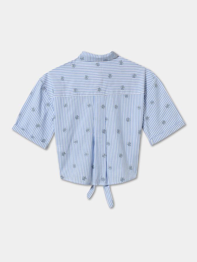 Girls Striped Regular Fit Short Sleeve Tie-Front Top
