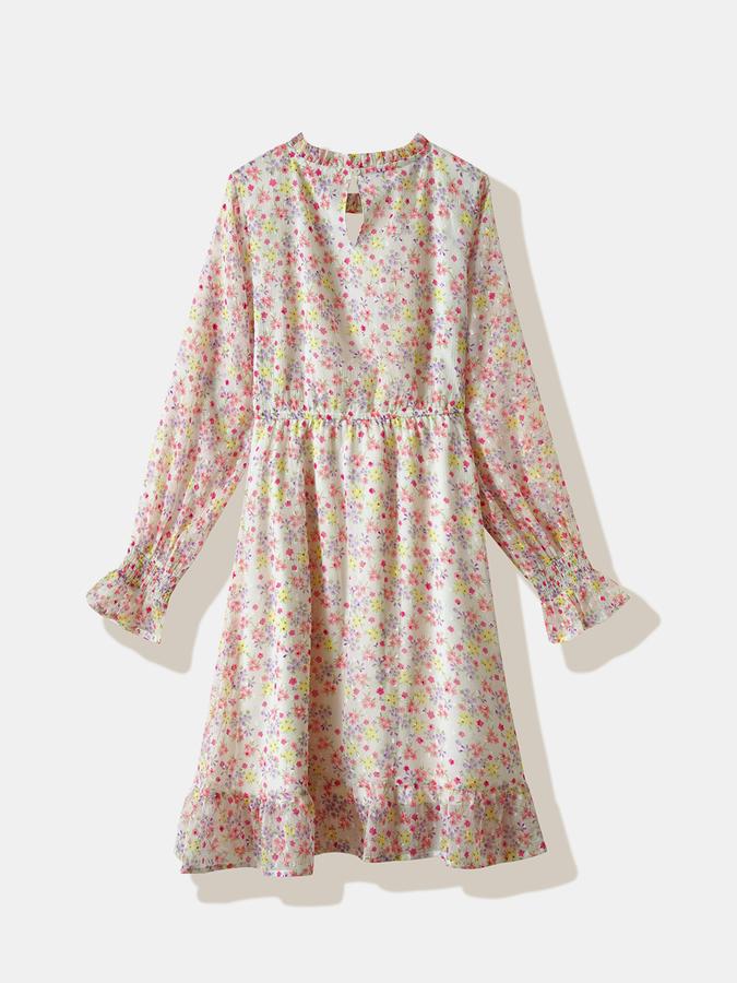 Girls Polyester Regular Fit Round Neck Ruffled Dress