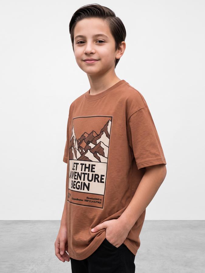 R&B Boys Brown Graphic Print Short Sleeves Round Neck Pure Cotton T-Shirt