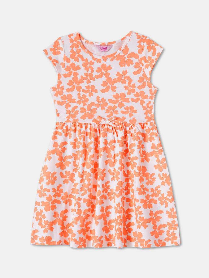 Girls Floral Print Short Sleeves Round Neck Knee Length Dress