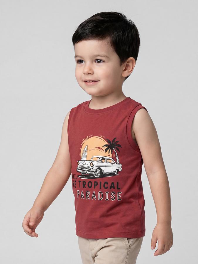 R&B Red Graphic Print Boys Round Neck Regular Fit Sleeveless T-Shirt 