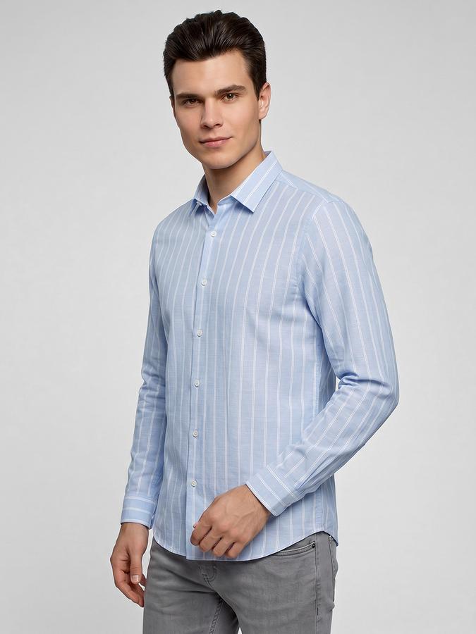 R&B Blue Striped Men Spread Collar Long Sleeves Shirt