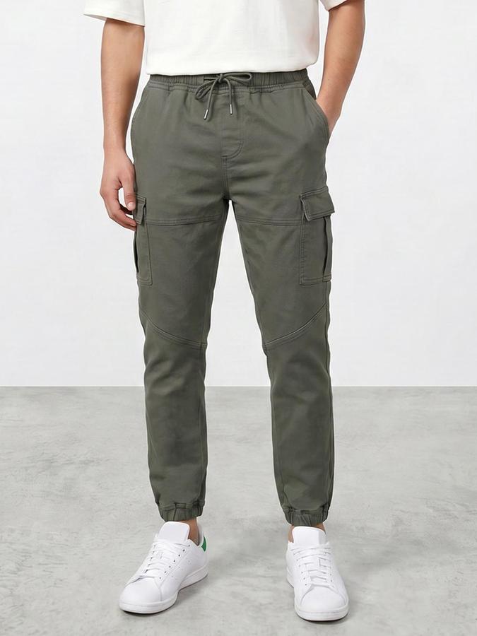 R&B Mens Green Slim Fit Mid Rise Denim Cargo Jeans