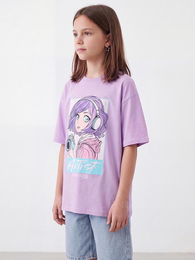 R&B Girls Purple Graphic Print Short Sleeves Round Neck Pure Cotton T-Shirt