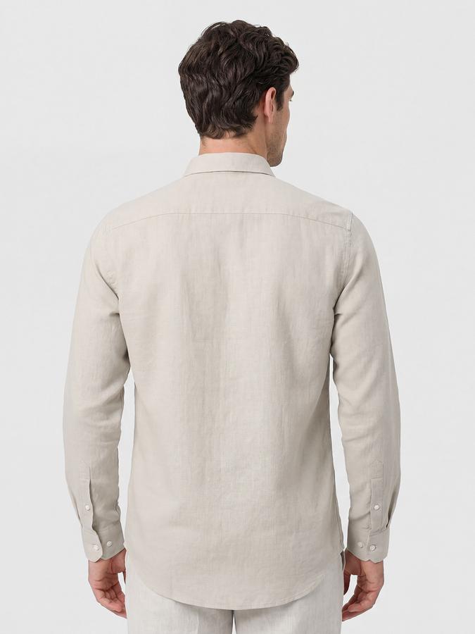 R&B Beige Solid Men Spread Collar Long Sleeves Shirt