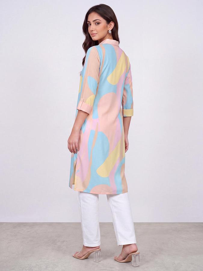 R&B Women Multi Color Abstract Print Shirt Collar Three-Quarter Sleeves Straight Kurta