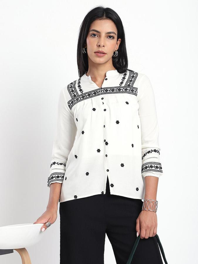 R&B Women White Embroidered Mandarin Collar 3/4th Sleeves Pure Cotton Tunic Top