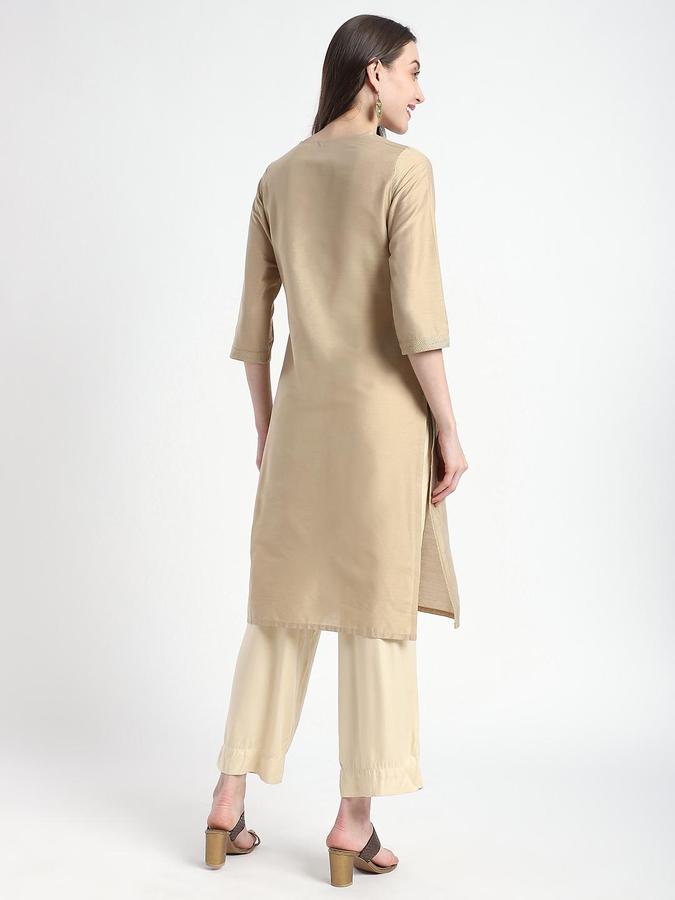 R&B Women Beige Solid V-Neck Knee Length Ethnic Kurta