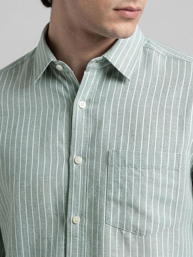 R&B Green Striped Men Spread Collar Long Sleeves Shirt