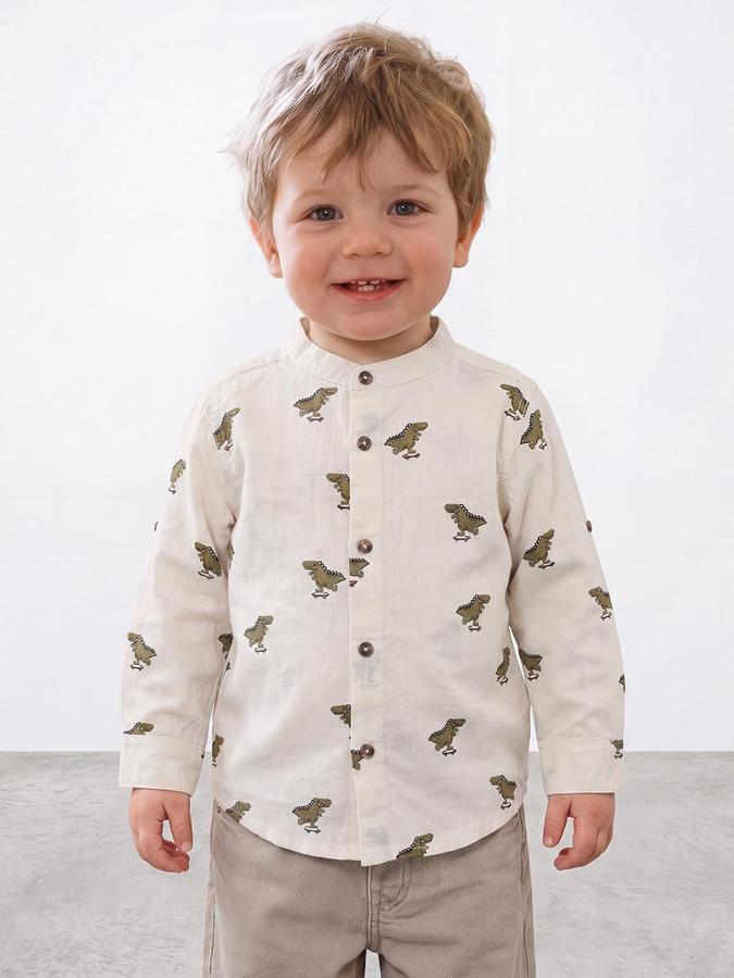 R&B Boys Beige Animal Print Mandarin Collar Long Sleeves Shirt