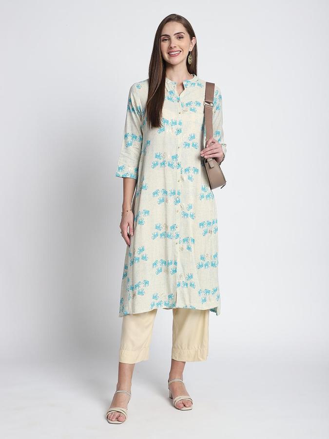 R&B Women Aqua Blue Etnic Motifs Print Mandarin Collar Knee Length Pure Viscose Ethnic Kurta