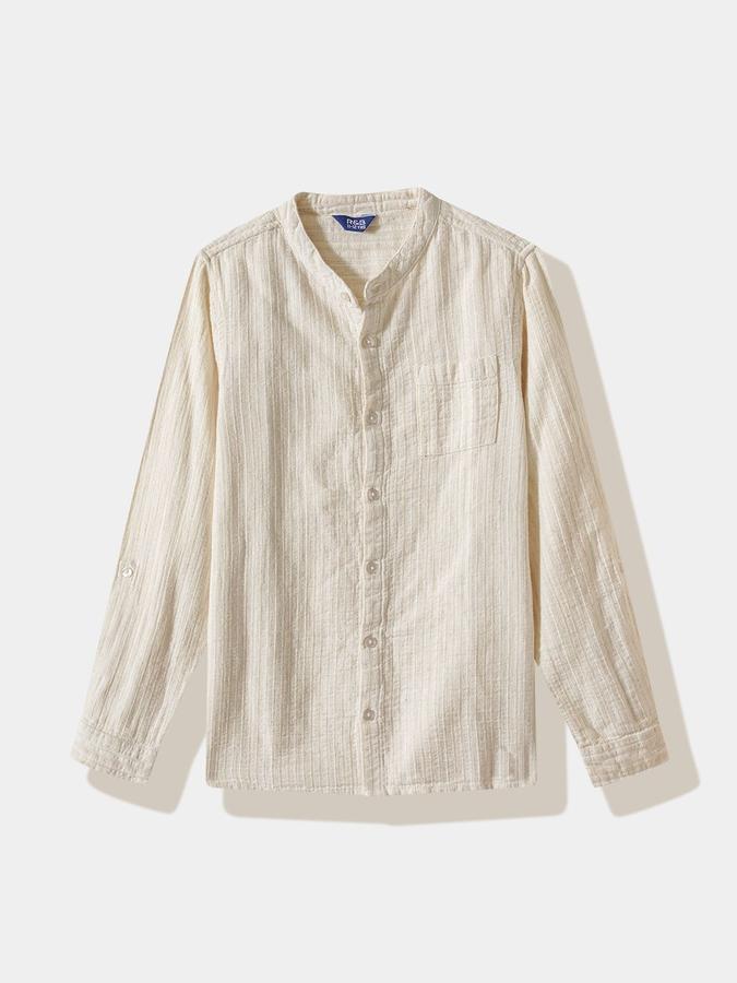 R&B Boys Beige Textured Full Sleeves Mandarin Collar Shirt