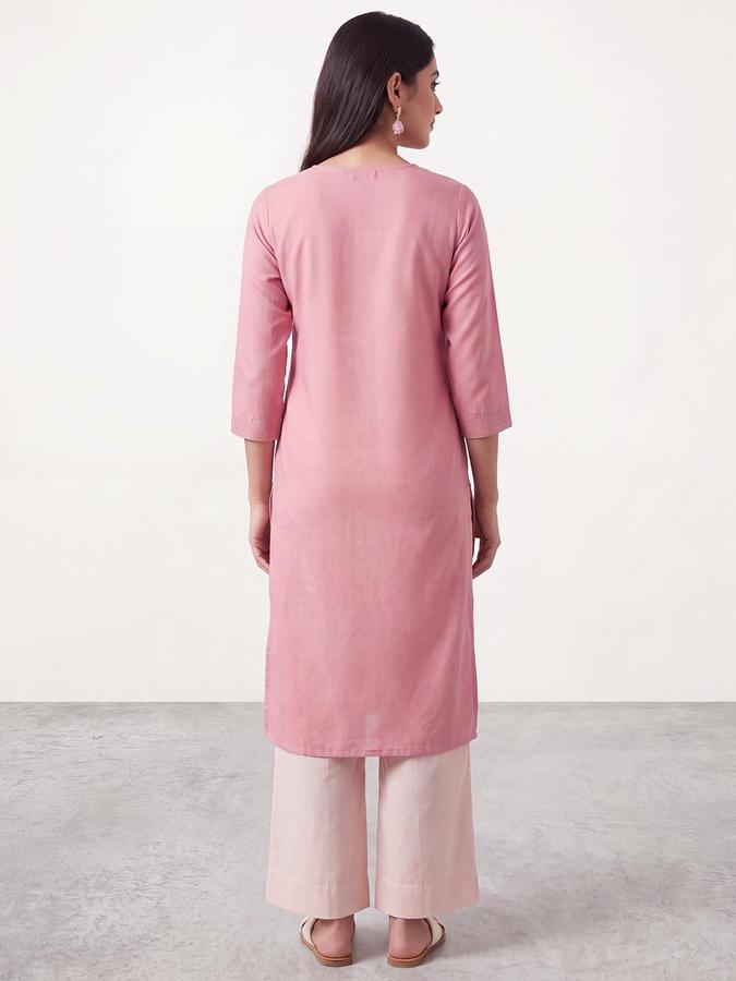 R&B Women Dusty Pink Round Neck 3/4 Sleeves Pintuck Straight Kurta