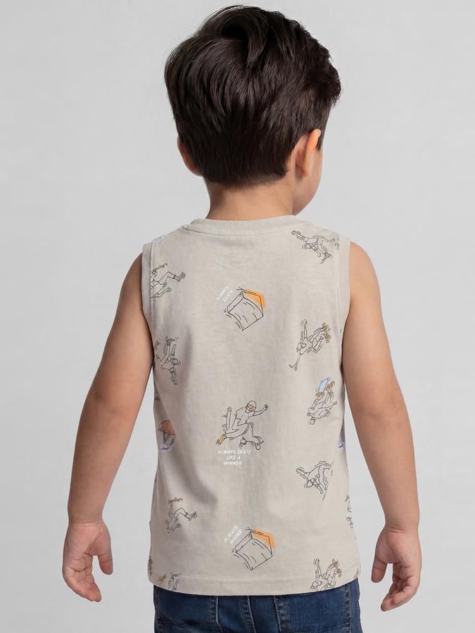 R&B Grey Graphic Print Boys Round Neck Regular Fit Sleeveless T-Shirt 