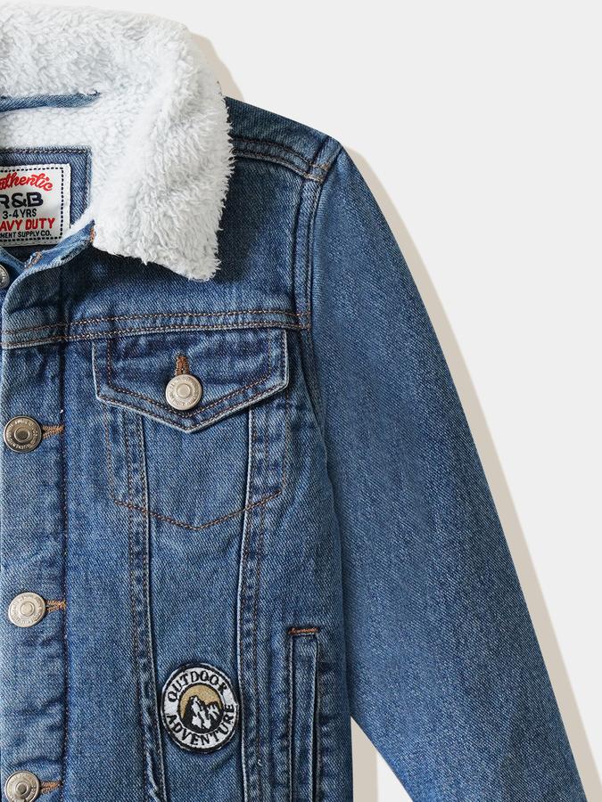 Boys Denim Sherpa Collar Button Front Embroidered Jacket
