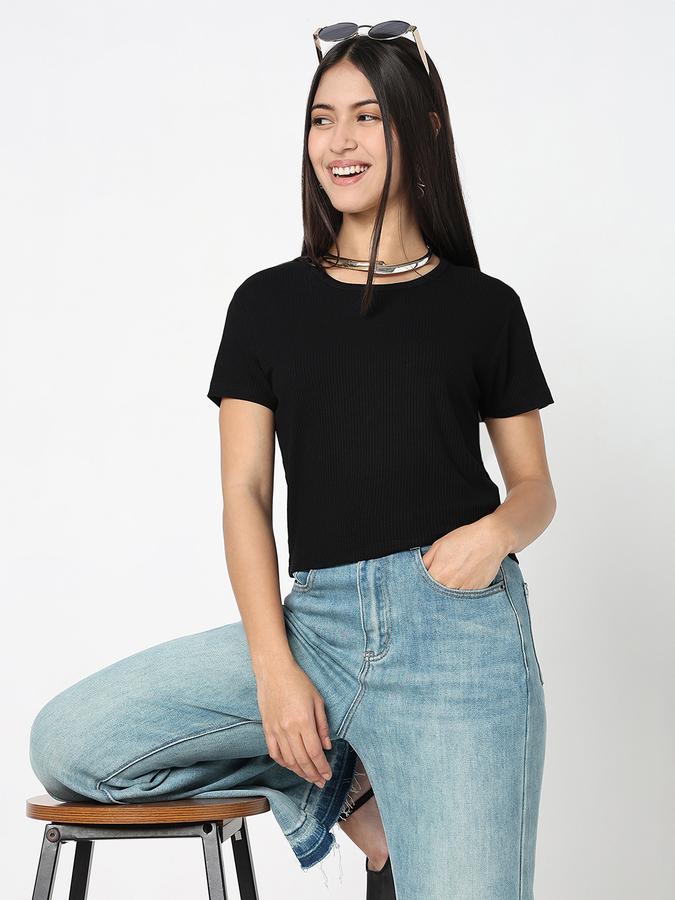 Women Viscose Crop Fit Round Neck Ribbed Top
