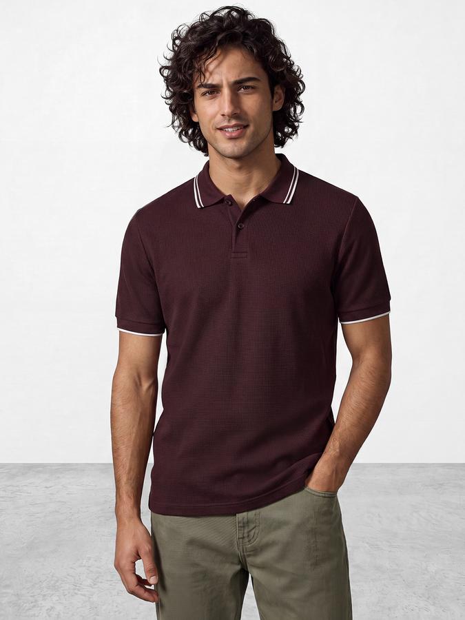 R&B Men Plum Burgundy Textured Short Sleeves Tipping Polo Collar Tshirt