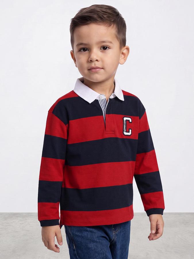 R&B Boys Red Striped Long Sleeves Polo Collar Pure Cotton T-Shirt