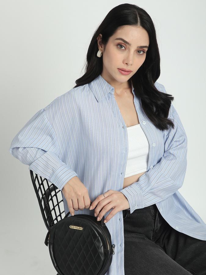 Women Polycotton Oversized Fit Collar Neck Long Sleeve Striped Shirt