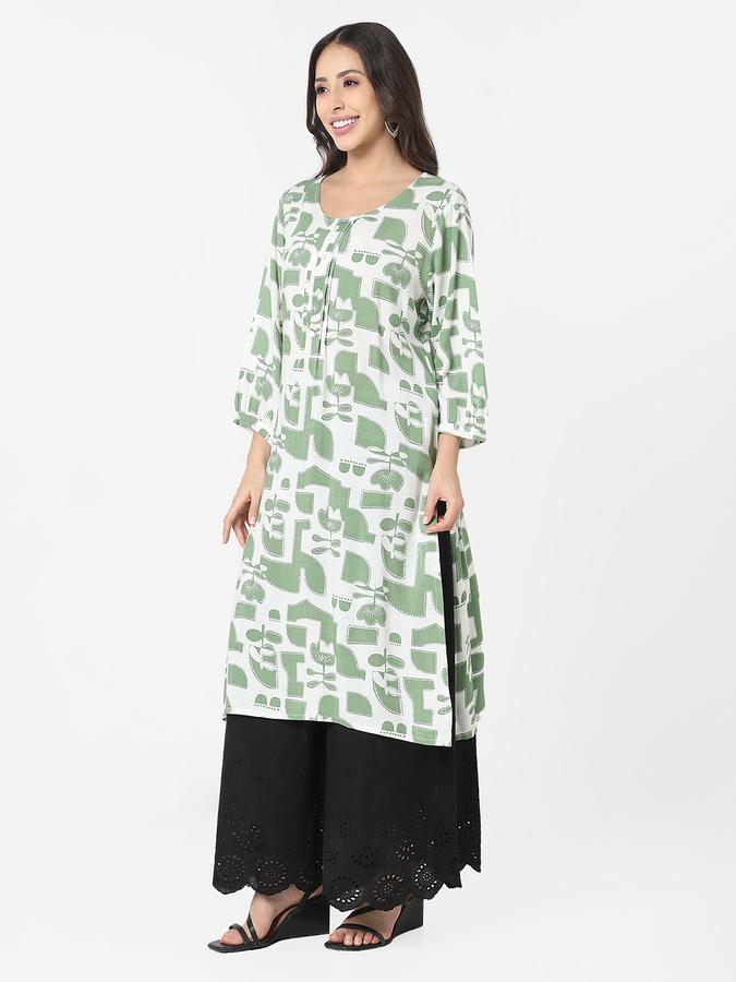 Women's regular fit casual green abstract geometric printed round neck straight kurta  image number 2