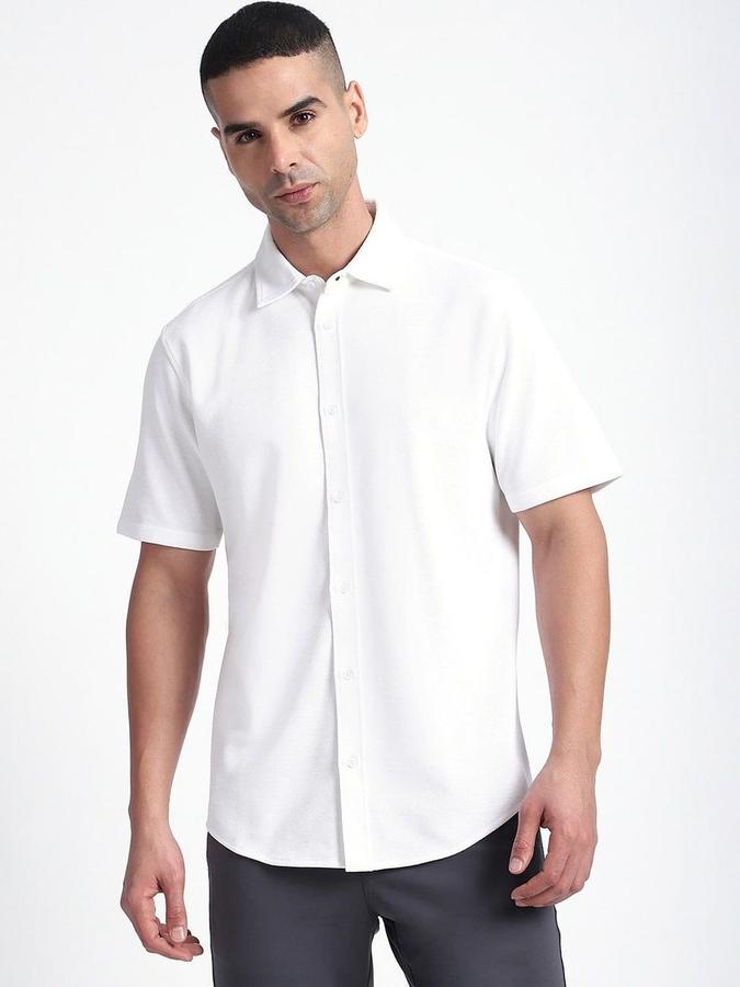 R&B Men White Solid Half Sleeves Shirt 
