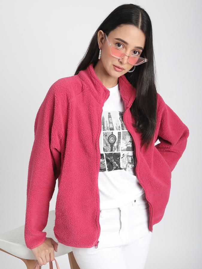 Women Polyester Regular Fit Fleece High Neck Jacket
