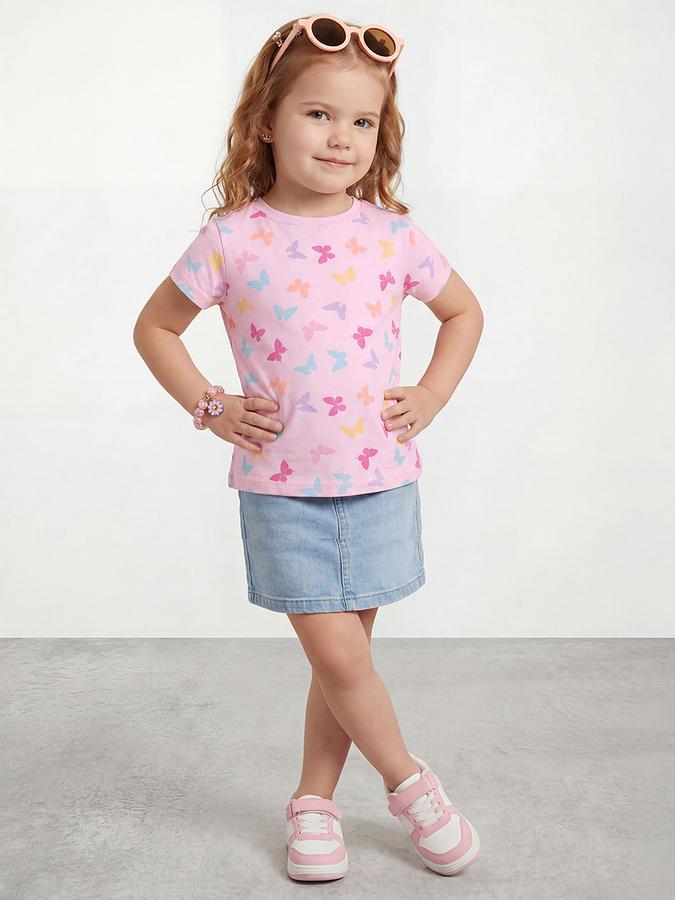 R&B Girls Pink Regular Fit Butterfly Print Short Sleeve T-shirt