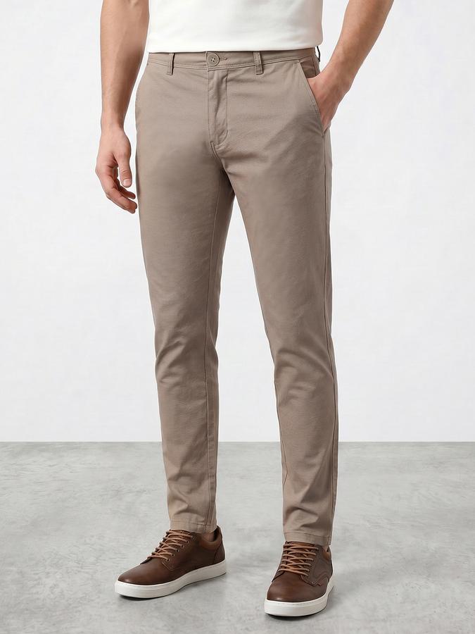 R&B Men's Beige Slim Fit Trousers