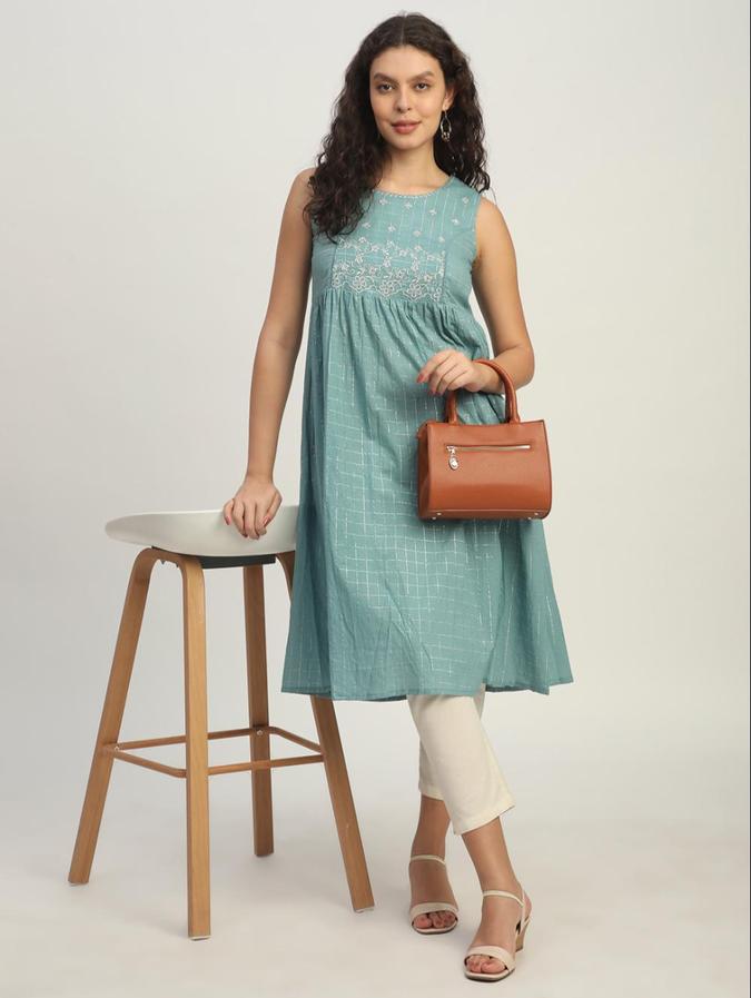 R&B Blue Checked  Women Sleeveless Kurta