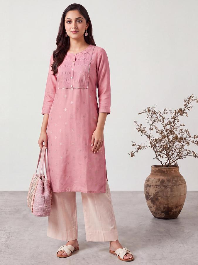 R&B Women Dusty Pink Round Neck 3/4 Sleeves Pintuck Straight Kurta