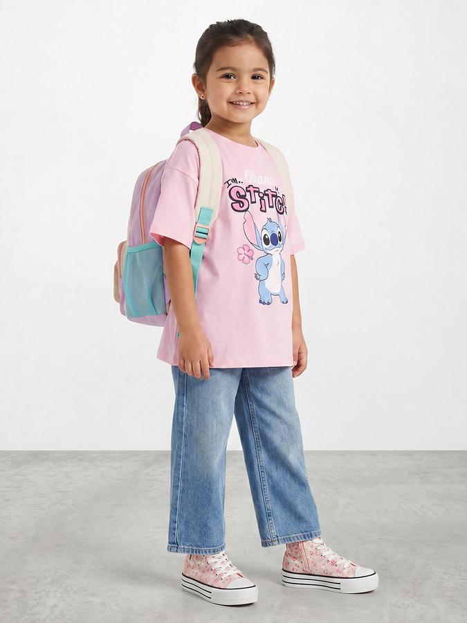 R&B Girls Pink Regular Fit Stitch Printed Short Sleeve T-shirt