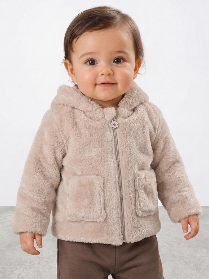 R&B Girls Beige Solid Hooded Long Sleeves Fur Jacket