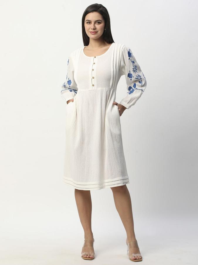 R&B Women White Self Design Long Sleeves Round Neck Knee Length Fit &amp; Flare Dress
