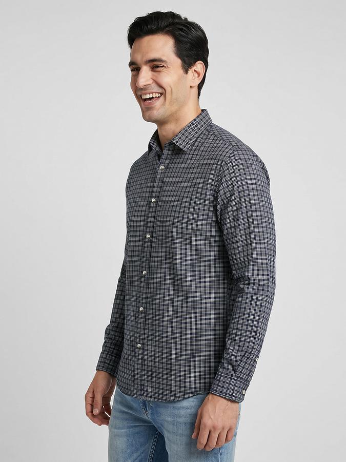 R&B Blue Checked Men Spread Collar Long Sleeves Shirt