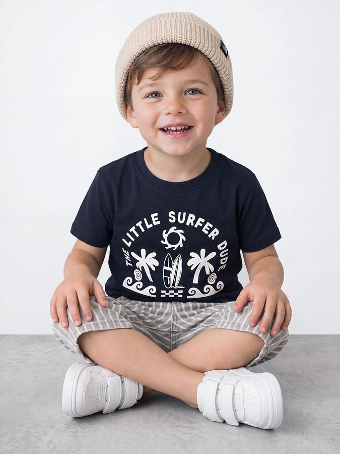 R&B Boys Navy Blue Beach Print Short Sleeves Round Neck Pure Cotton T-Shirt