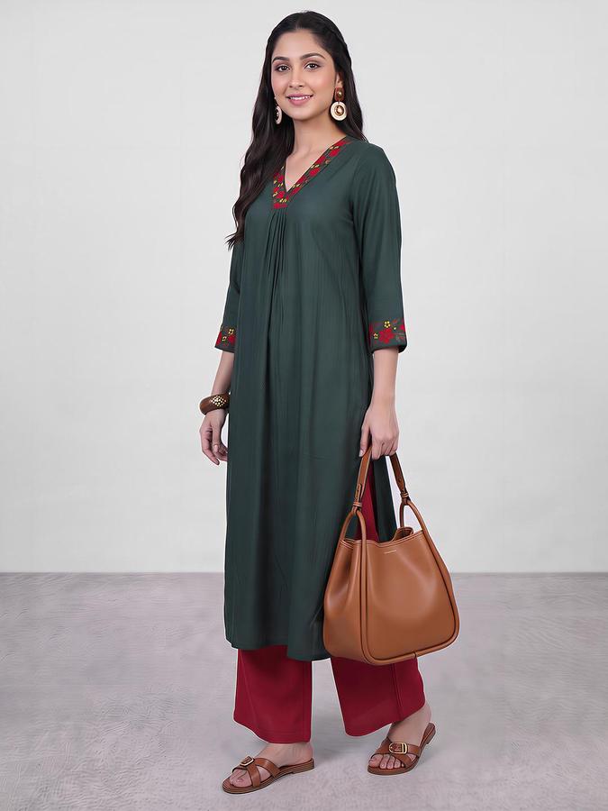 R&B Women Forest Green Floral Embroidered V-Neck Three-Quarter Sleeve A-Line Kurta