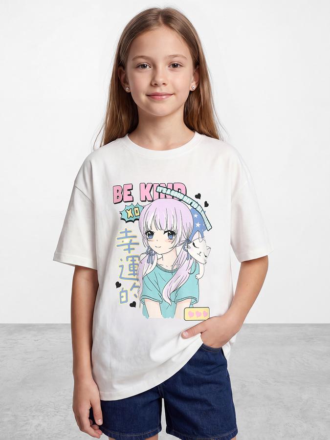 R&B Girls Ivory Graphic Printed  Short Sleeves Pure Cotton T-shirt