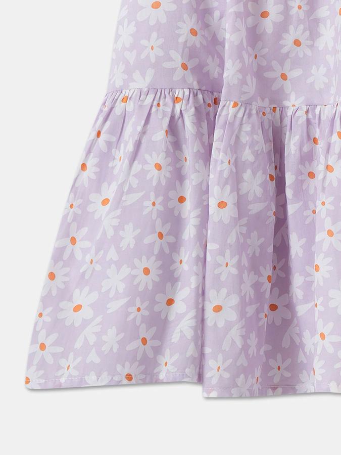 R&B Girls Purple Floral Sleeveless Square Neck Midi A-Line Dress