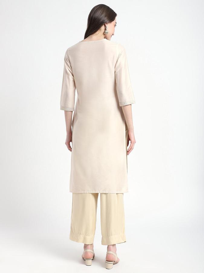 R&B Women Off White Solid V-Neck Knee Length Ethnic Kurta