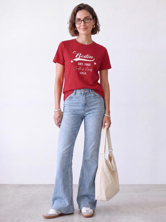 R&B Women Red Short Sleeve Round Neck Typography Graphic Print T-Shirt